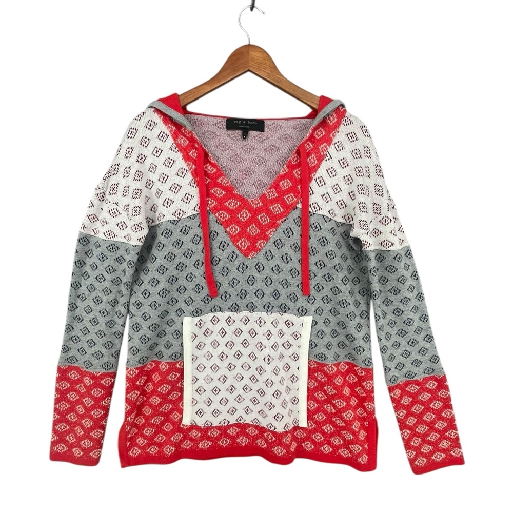 Rag & Bone Patterned Color‑Block Hoodie Size Small Kangaroo Pocket Cinch Hood